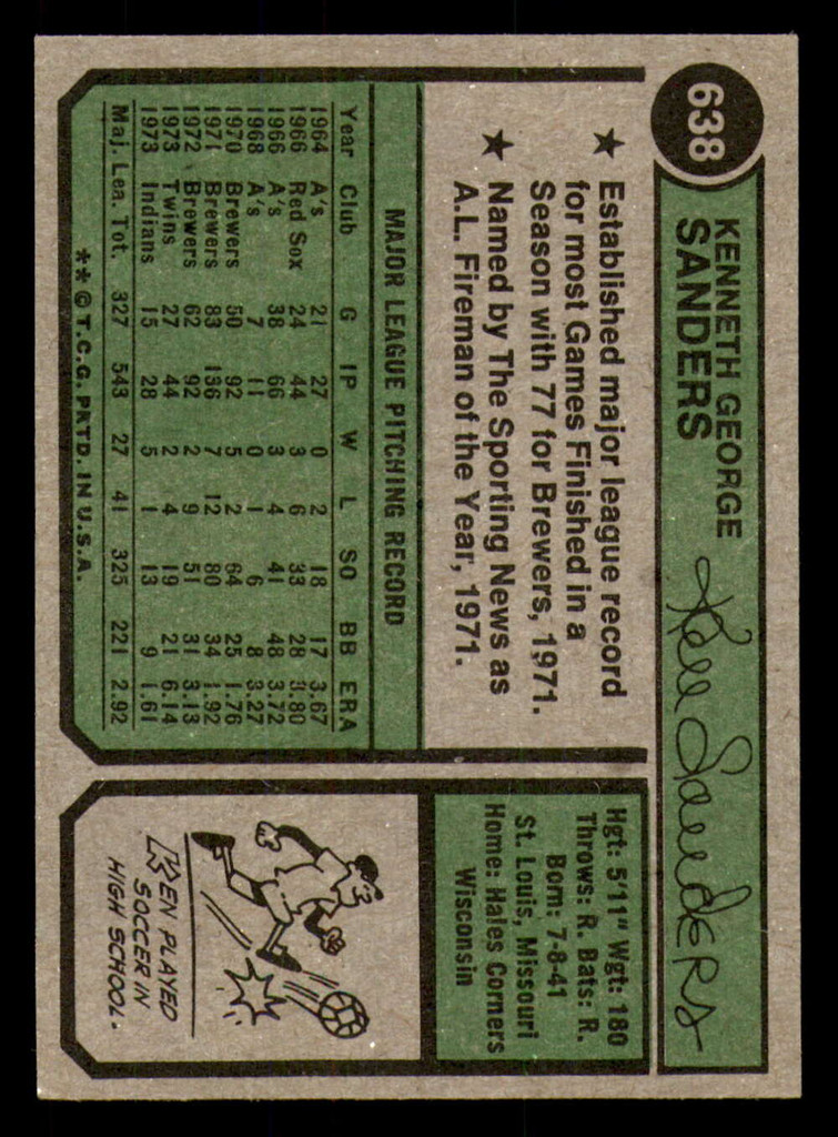 1974 Topps #638 Ken Sanders Ex-Mint  ID: 355841
