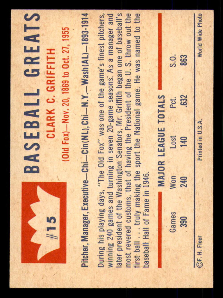 1960 Fleer #15 Clark Griffith Miscut Senators  ID:356271