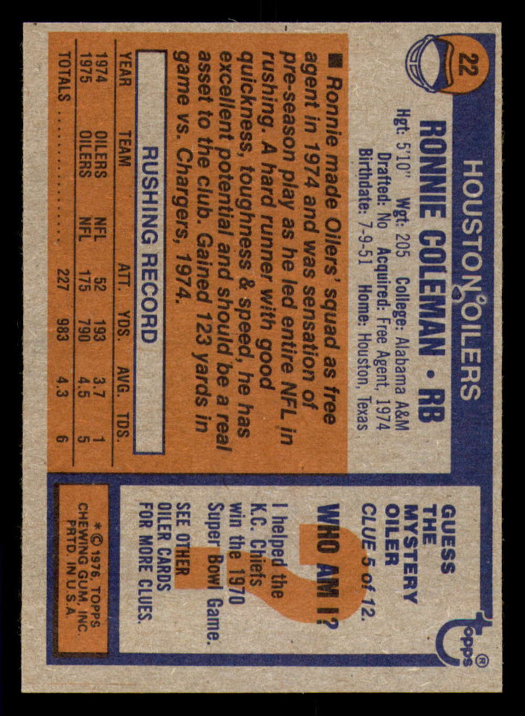 1976 Topps #22 Ronnie Coleman Near Mint+  ID: 356495
