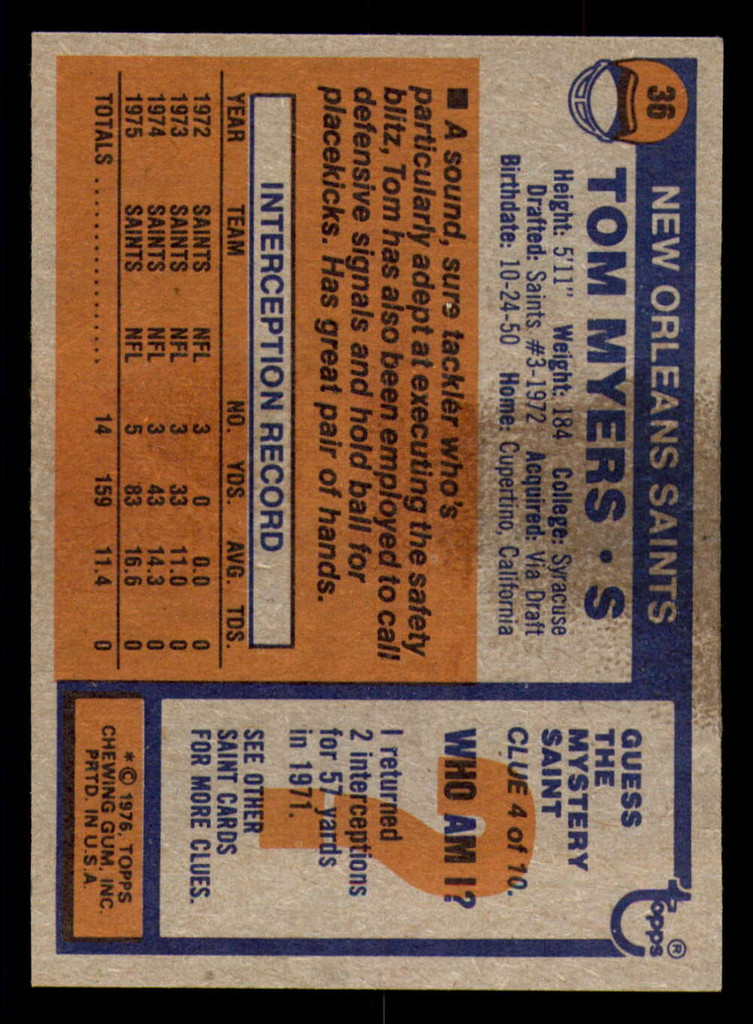 1976 Topps #36 Tom Myers Ex-Mint  ID: 356512
