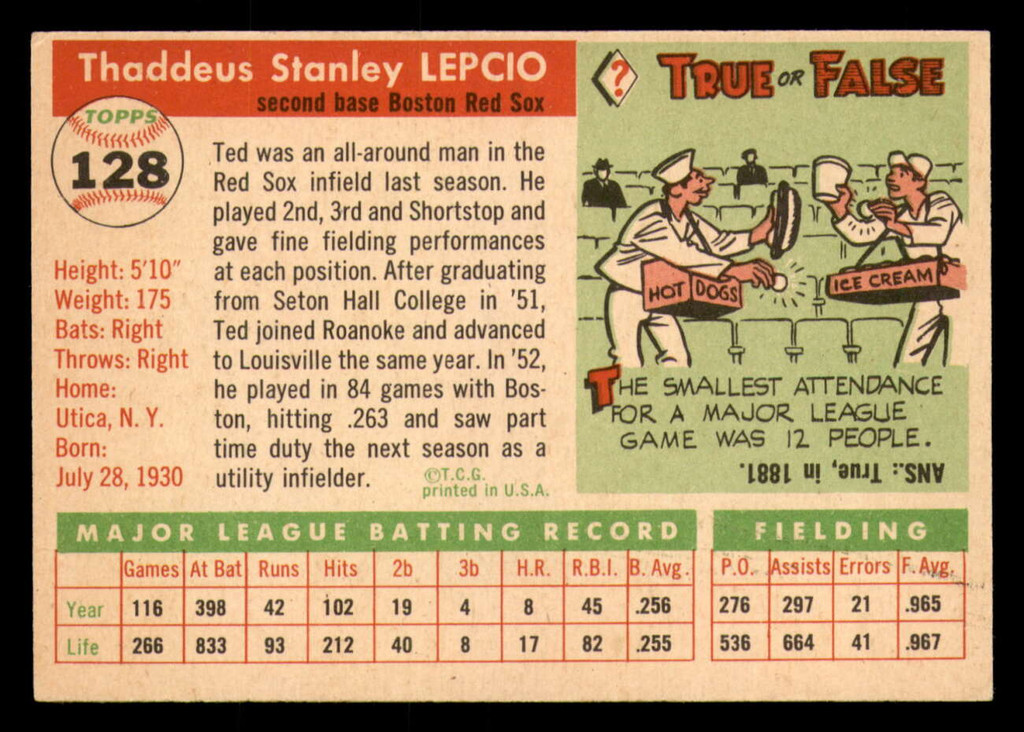 1955 Topps #128 Ted Lepcio Excellent+  ID: 357289