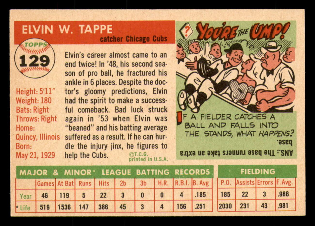 1955 Topps #129 Elvin Tappe UER Ex-Mint  ID: 357290