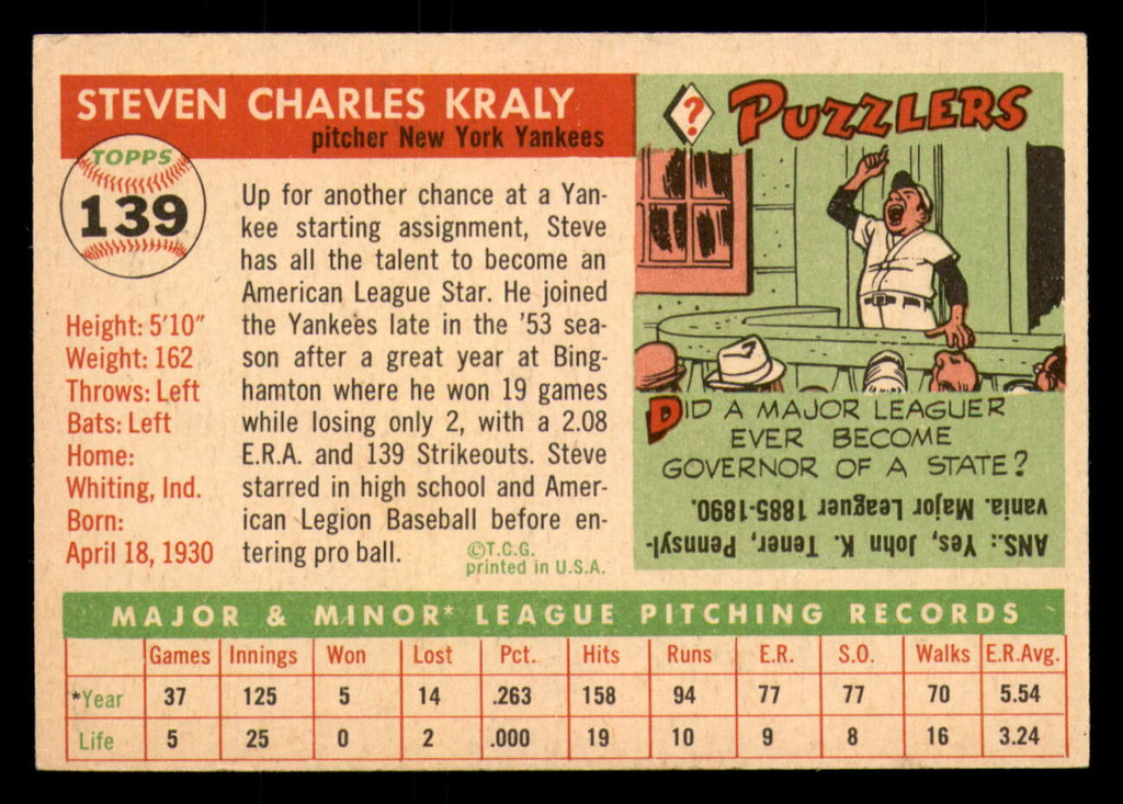 1955 Topps #139 Steve Kraly UER Excellent+ RC Rookie 