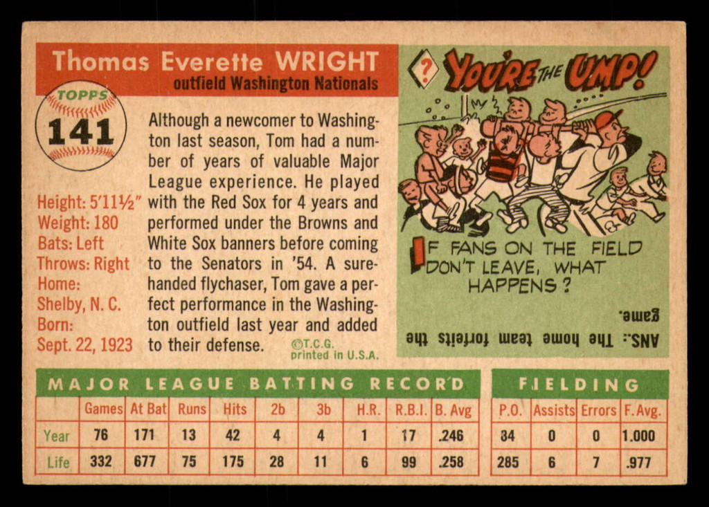 1955 Topps #141 Tom Wright Excellent+  ID: 357301