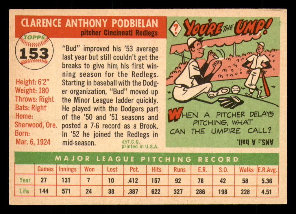 1955 Topps #153 Bud Podbielan Ex-Mint  ID: 357312