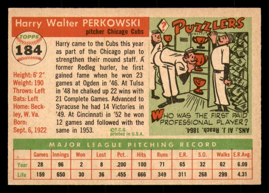 1955 Topps #184 Harry Perkowski DP Near Mint  ID: 357340