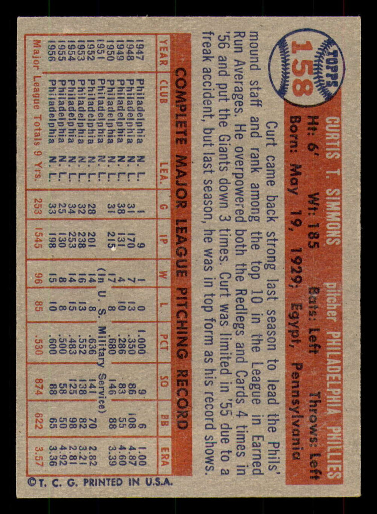 1957 Topps #158 Curt Simmons Ex-Mint  ID: 357491