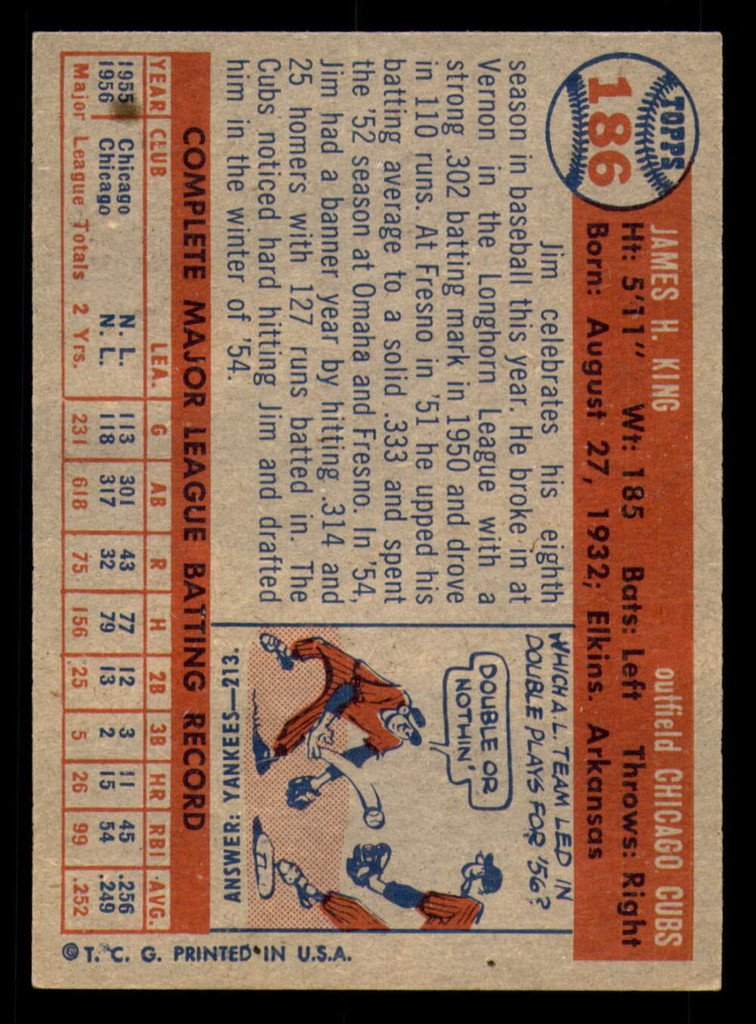 1957 Topps #186 Jim King Ex-Mint  ID: 357512