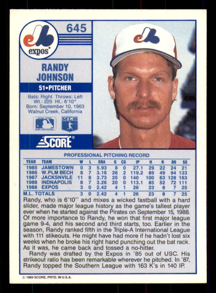 1989 Score #645 Randy Johnson NM-Mint RC Rookie  ID: 271549