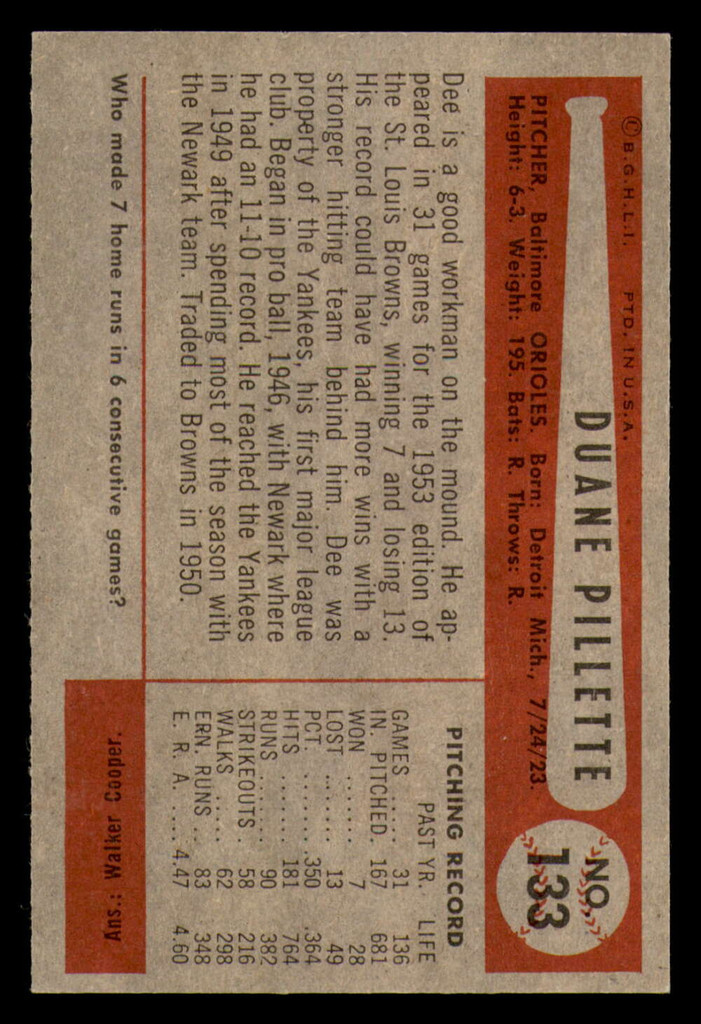 1954 Bowman #133 Duane Pillette Near Mint 