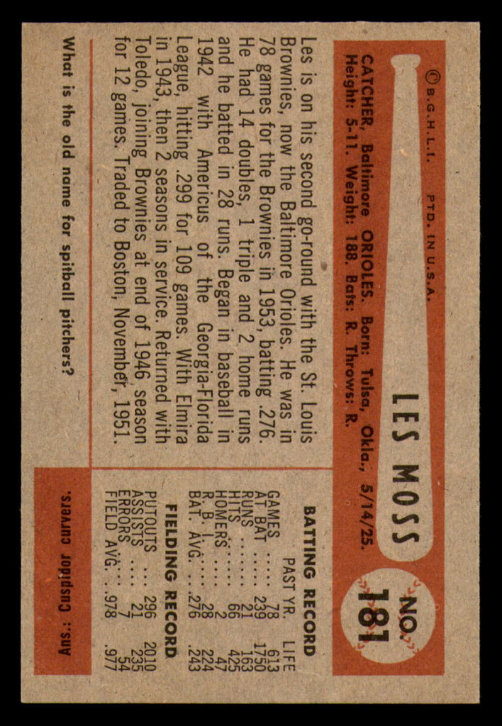 1954 Bowman #181 Les Moss Near Mint+  ID: 357985