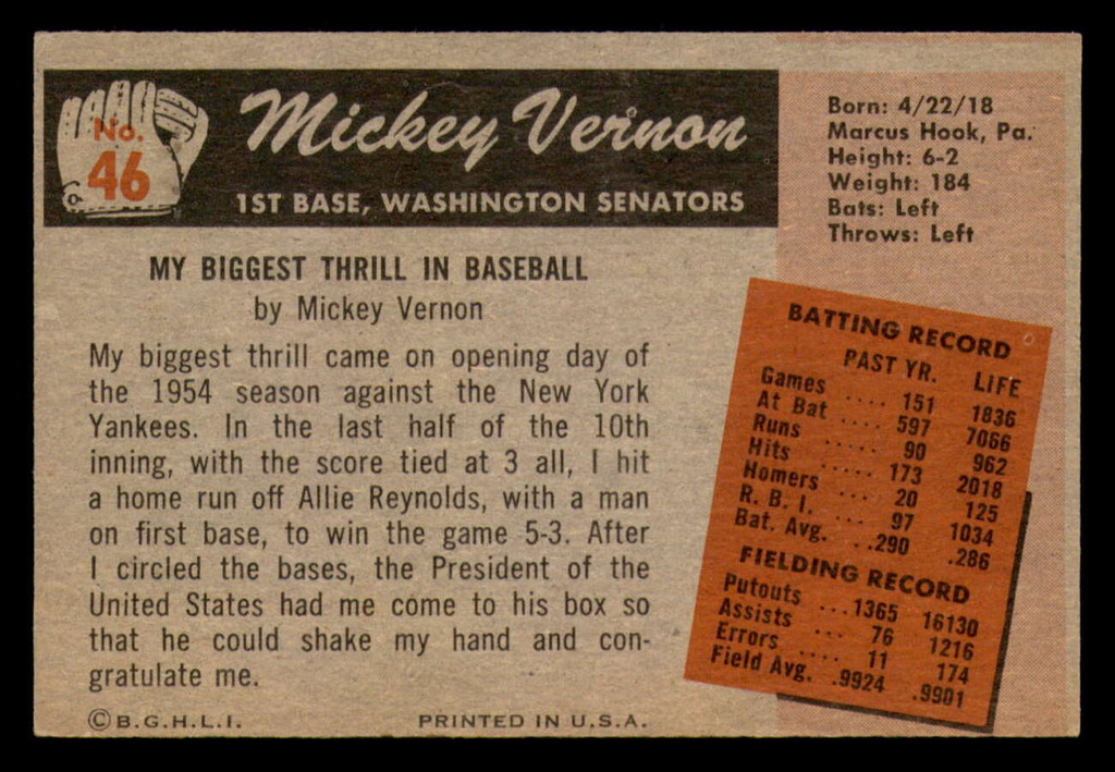 1955 Bowman #46 Mickey Vernon Very Good  ID: 358000