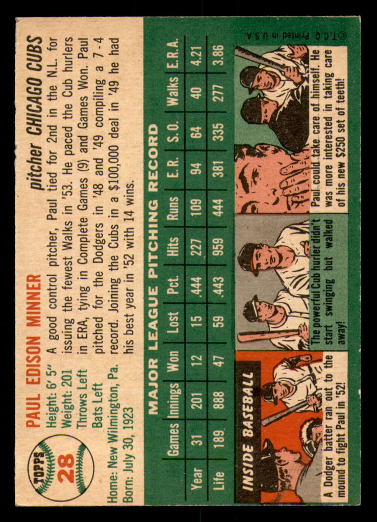 1954 Topps #28 Paul Minner Ex-Mint 