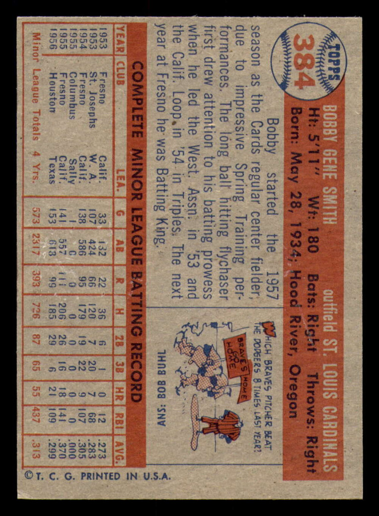 1957 Topps #384 Bobby Gene Smith Ex-Mint RC Rookie  ID: 358343