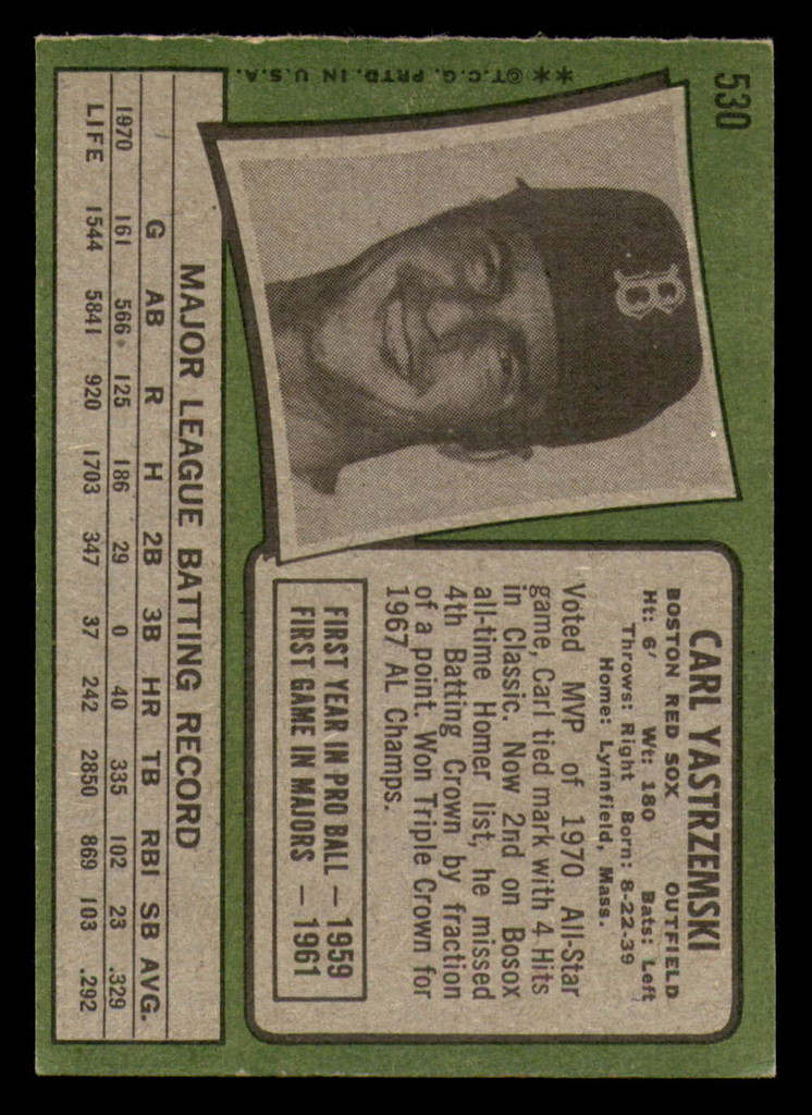 1971 Topps #530 Carl Yastrzemski Excellent+  ID: 358730