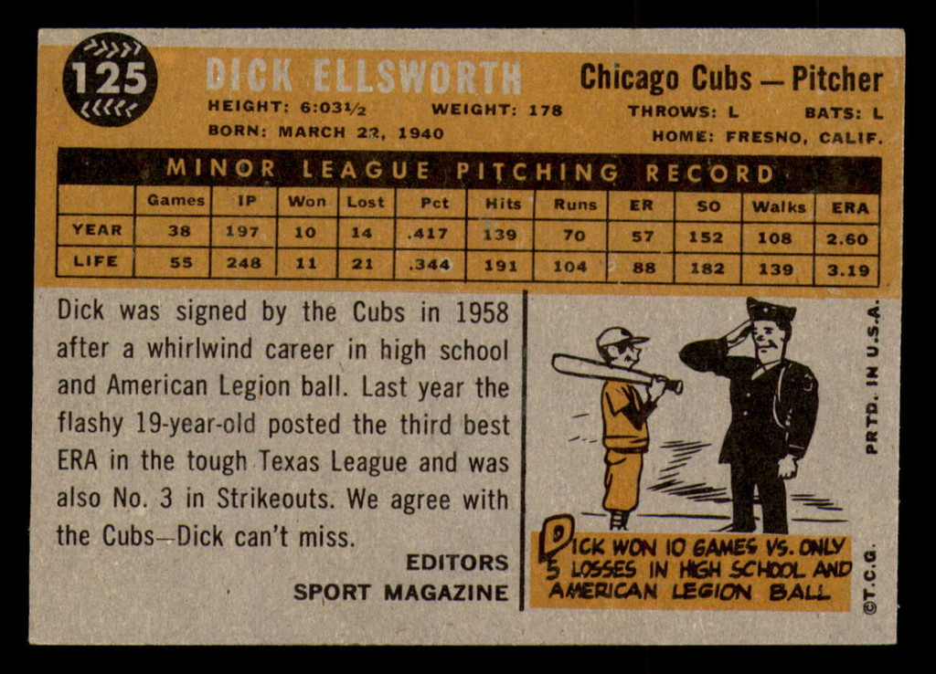 1960 Topps #125 Dick Ellsworth RS Excellent+ RC Rookie  ID: 359767