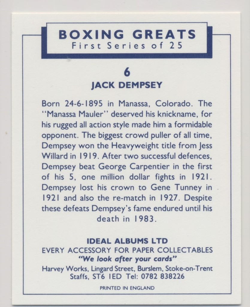 1990's/2000  Boxing Great  #6  Jack Dempsey   #*