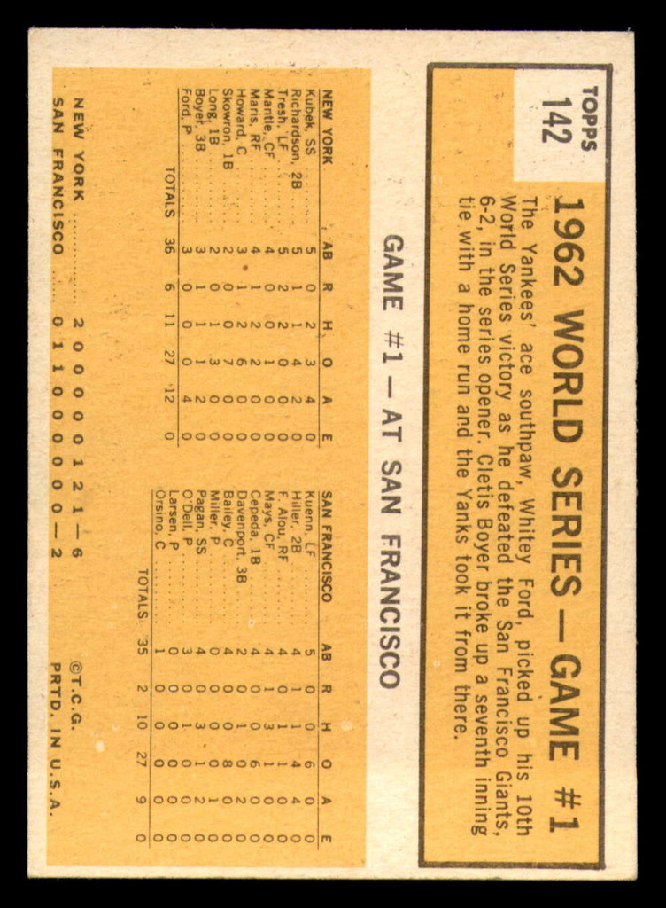 1963 Topps #142 World Series Game 1 Yanks' Ford Wins Series Opener Ex-Mint  ID: 361106
