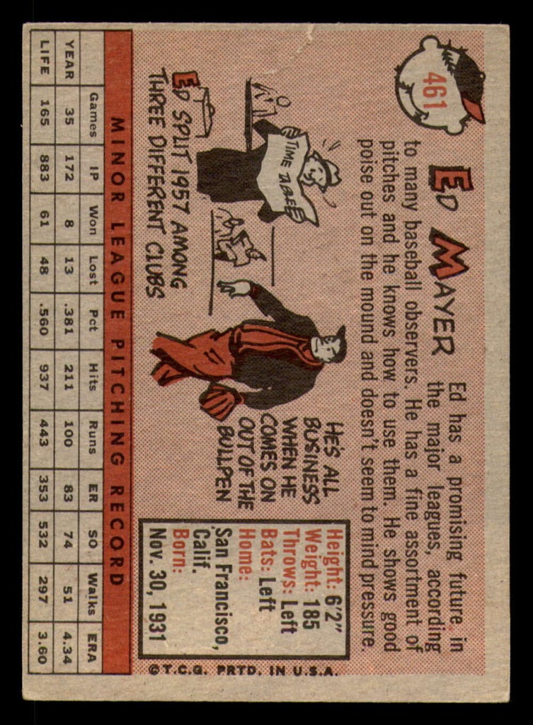 1958 Topps #461 Ed Mayer Signed Auto RC Rookie Cubs   ID:359559