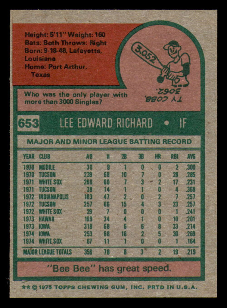 1975 Topps #653 Lee Richard UER Near Mint  ID: 361808