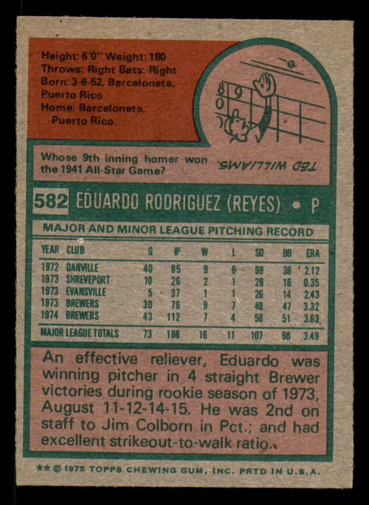 1975 Topps #582 Eduardo Rodriguez Ex-Mint  ID: 361876