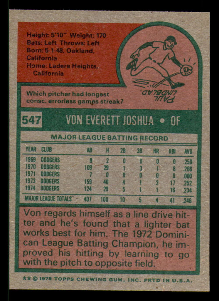 1975 Topps #547 Von Joshua Ex-Mint  ID: 361911
