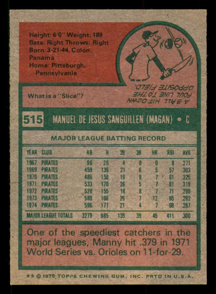1975 Topps #515 Manny Sanguillen Ex-Mint  ID: 361943