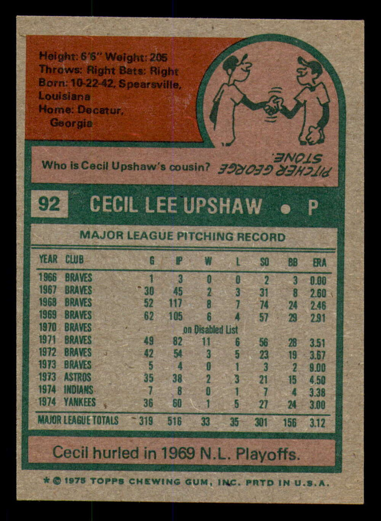 1975 Topps #92 Cecil Upshaw Ex-Mint 