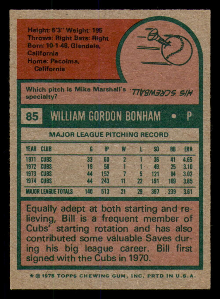 1975 Topps #85 Bill Bonham Ex-Mint  ID: 362368