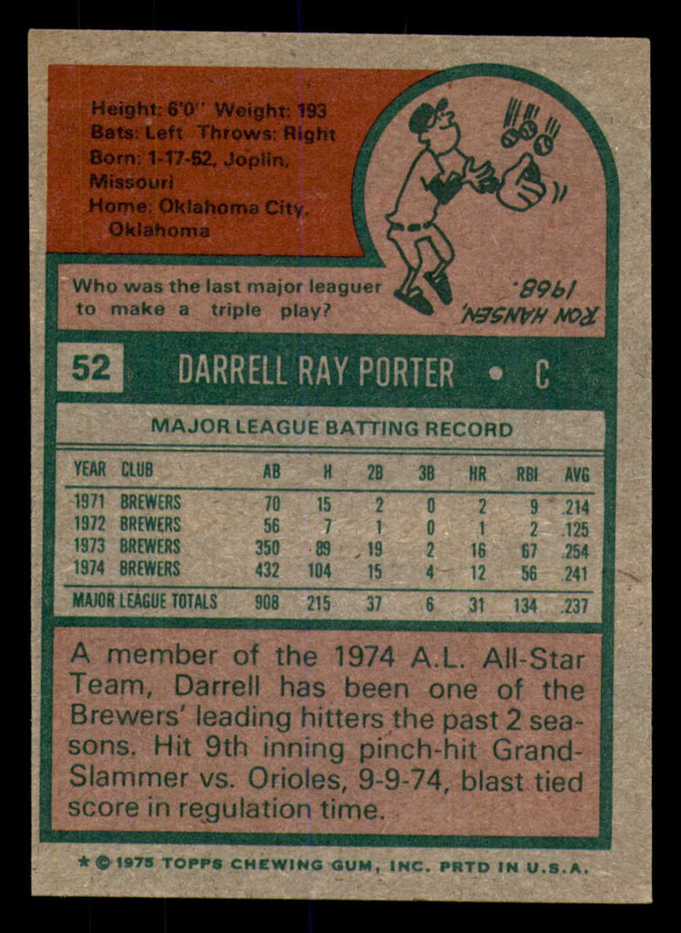 1975 Topps #52 Darrell Porter Ex-Mint  ID: 362399