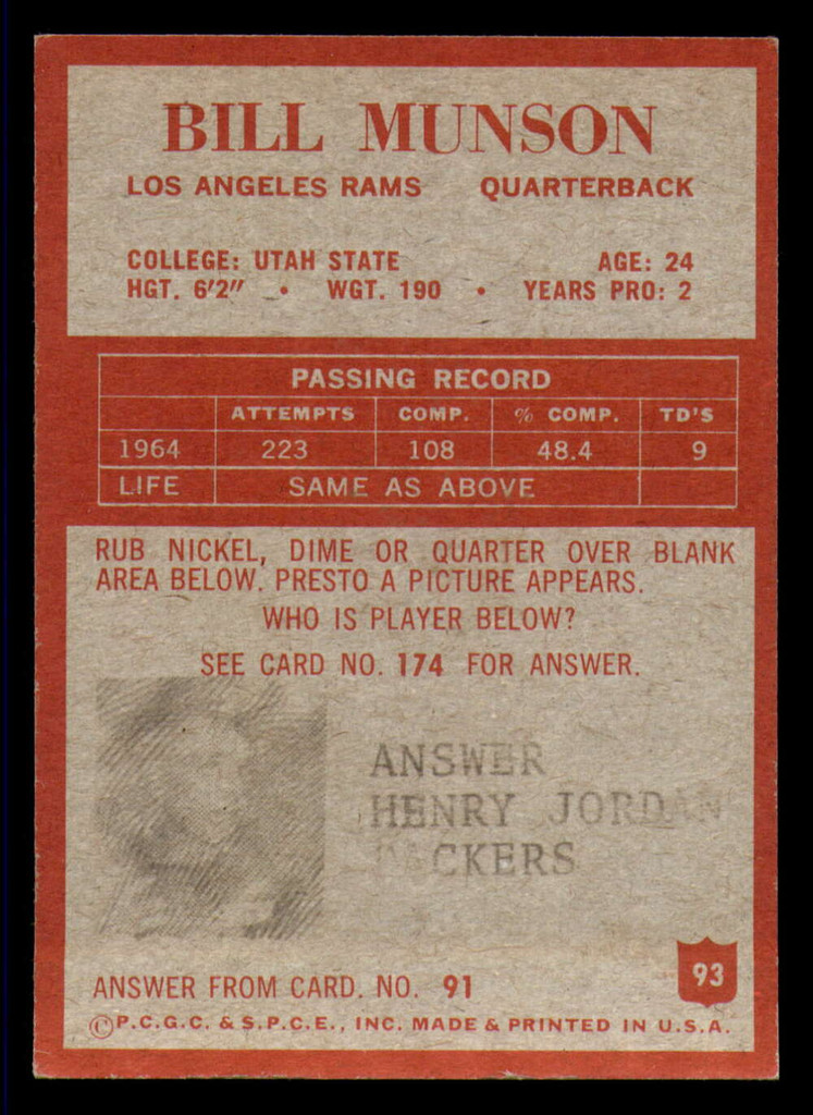 1965 Philadelphia #93 Bill Munson Ex-Mint RC Rookie  ID: 362466