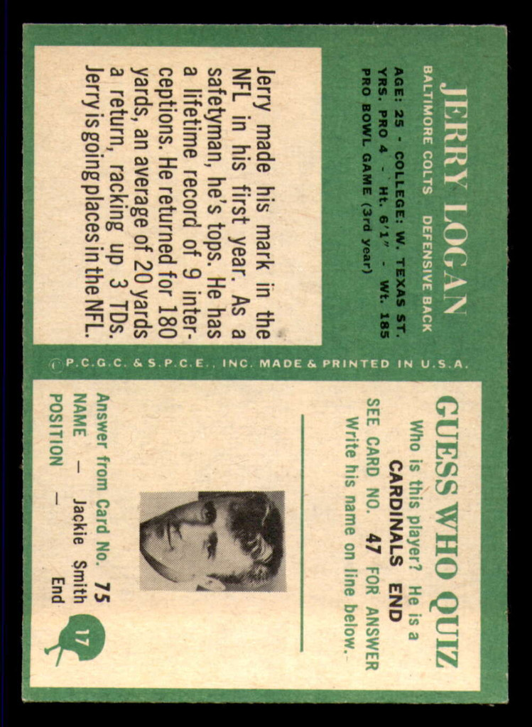 1966 Philadelphia #17 Jerry Logan Ex-Mint  ID: 362504