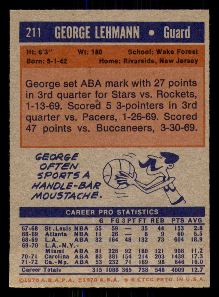 1972-73 Topps #211 George Lehmann Ex-Mint  ID: 363619