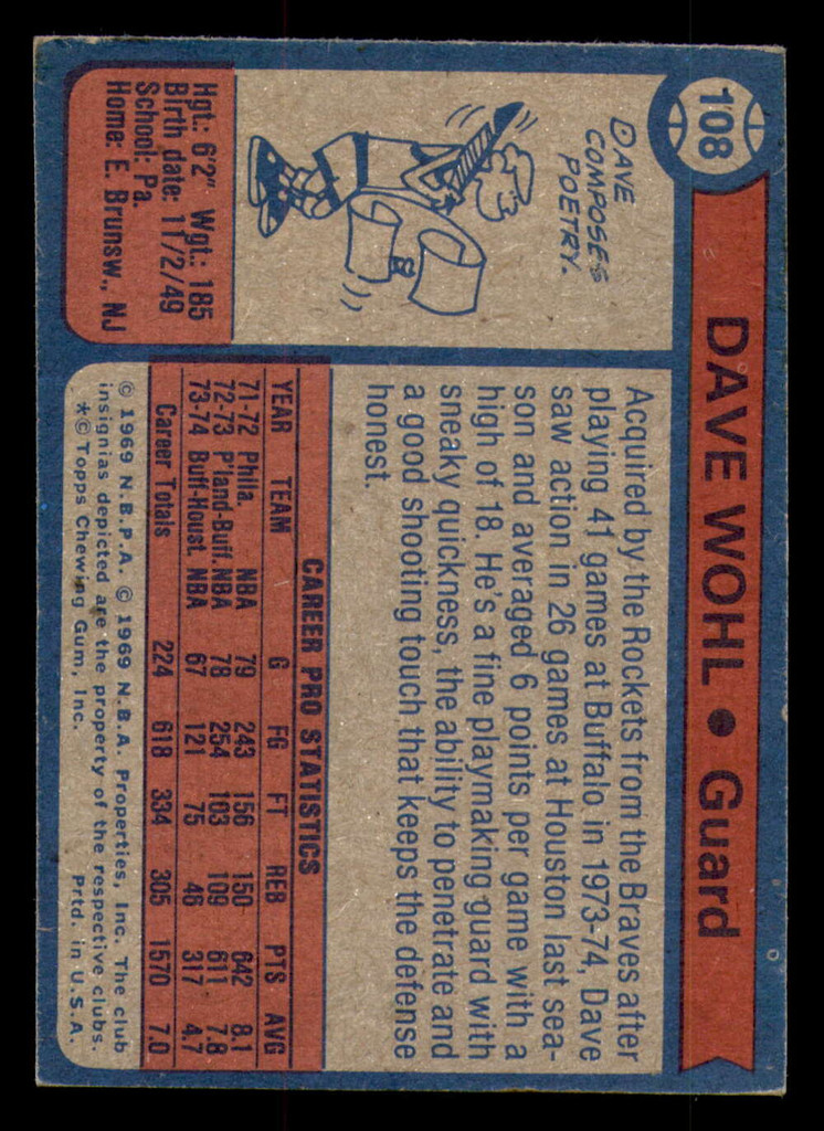 1974-75 Topps #108 Dave Wohl Ex-Mint  ID: 364119