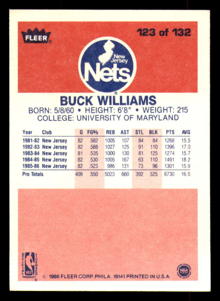 1986-87 Fleer #123 Buck Williams Ex-Mint RC Rookie  ID: 364798