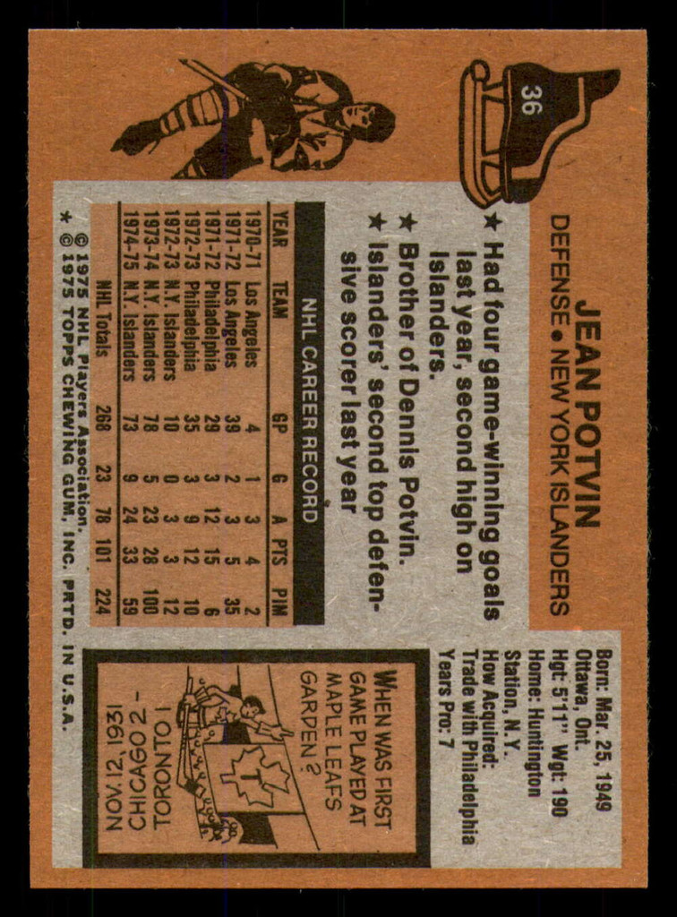 1975-76 Topps #36 Jean Potvin Near Mint+  ID: 365410