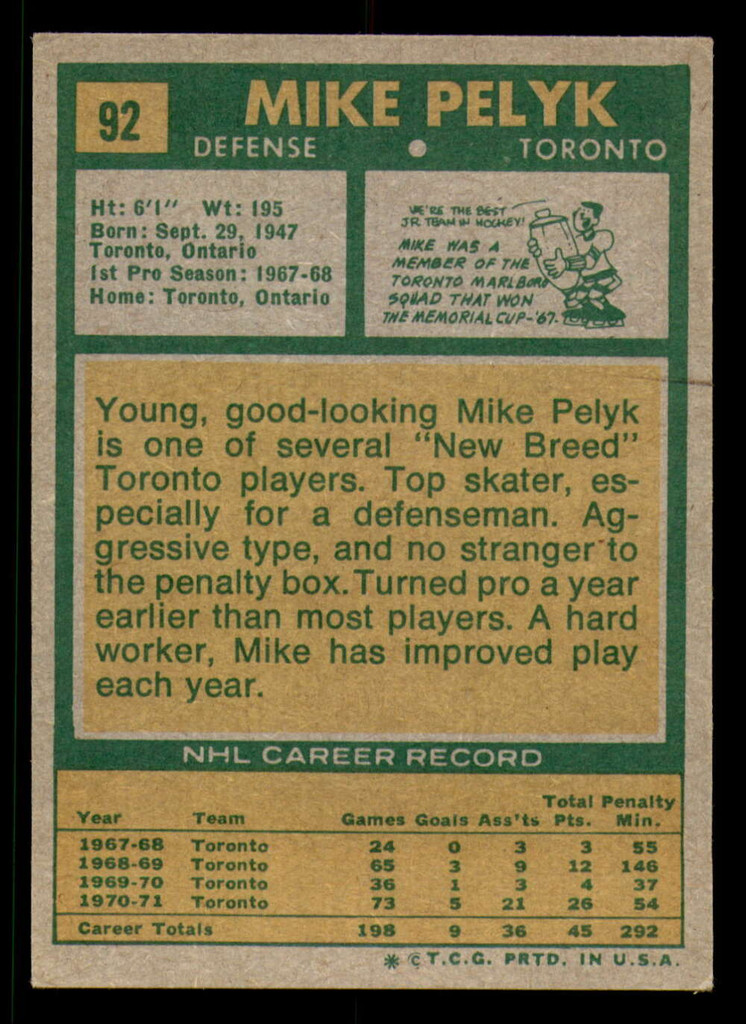 1971-72 Topps #92 Mike Pelyk Excellent 