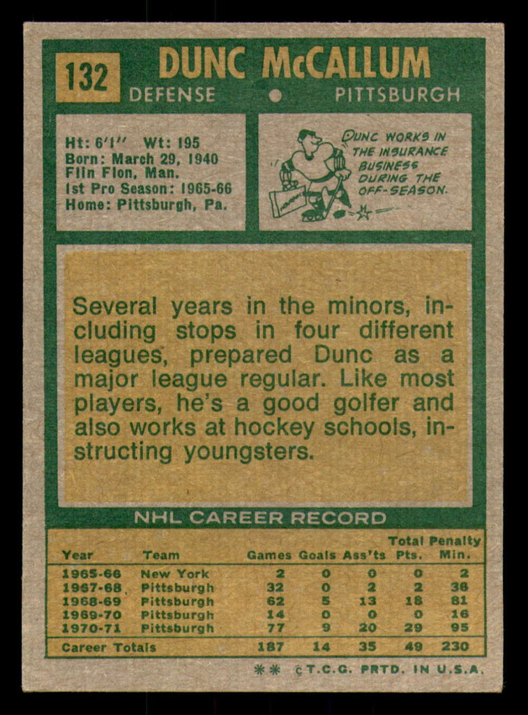 1971-72 Topps #132 Dunc McCallum Excellent+ RC Rookie  ID: 361772