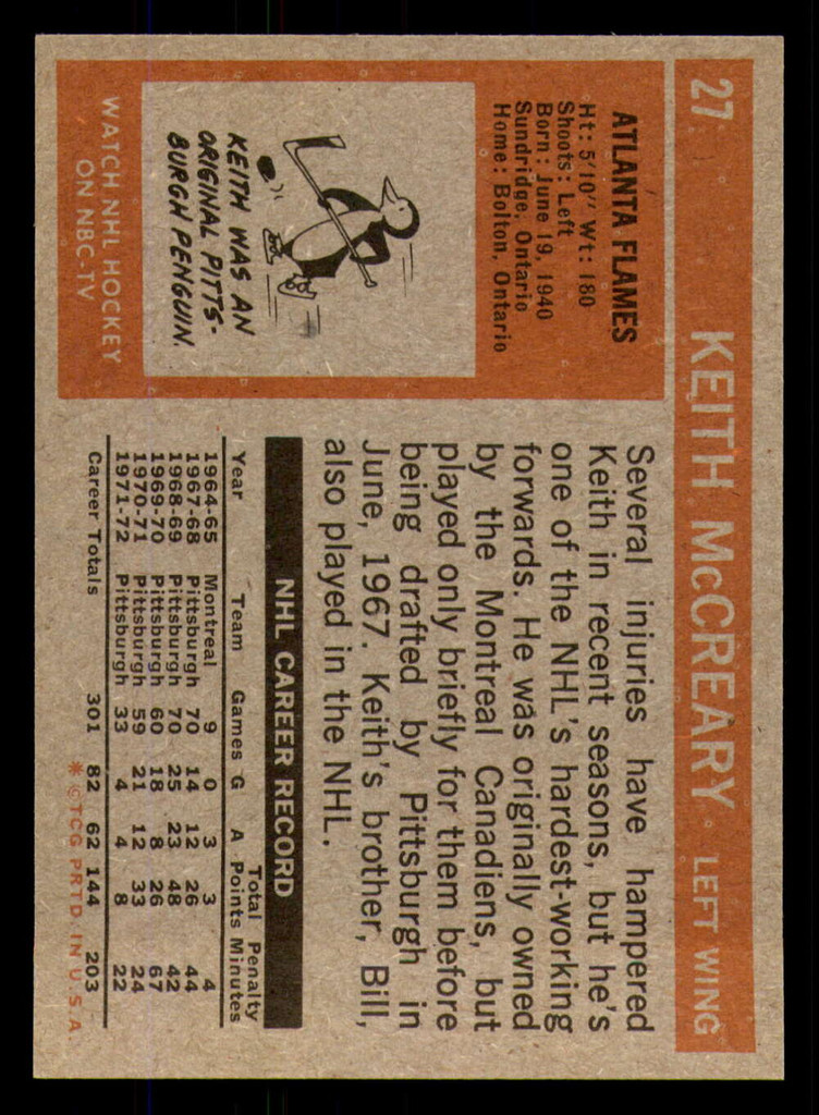 1972-73 Topps #27 Keith McCreary Near Mint+  ID: 365168