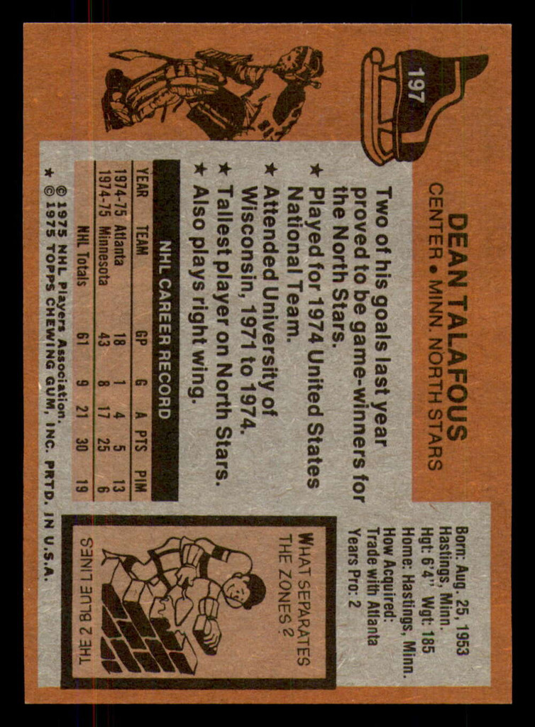 1975-76 Topps #197 Dean Talafous Near Mint RC Rookie  ID: 365809