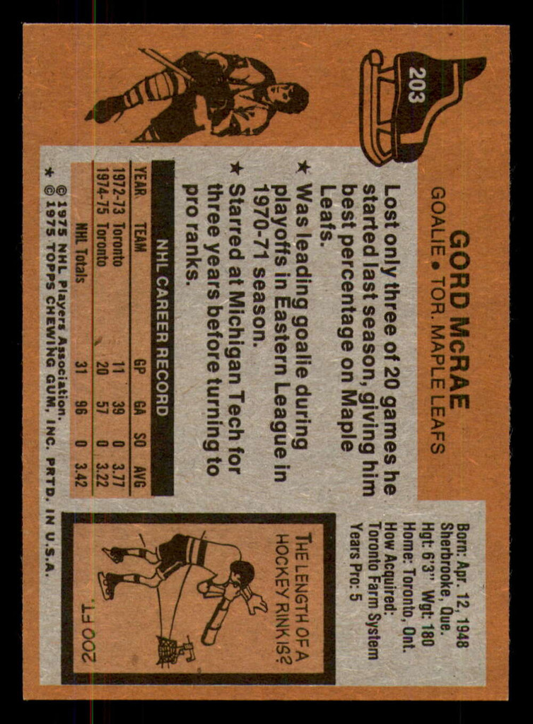 1975-76 Topps #203 Gord McRae Near Mint+ RC Rookie  ID: 365822