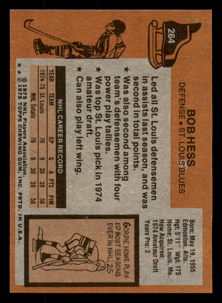 1975-76 Topps #264 Bob Hess Near Mint+ RC Rookie  ID: 365956
