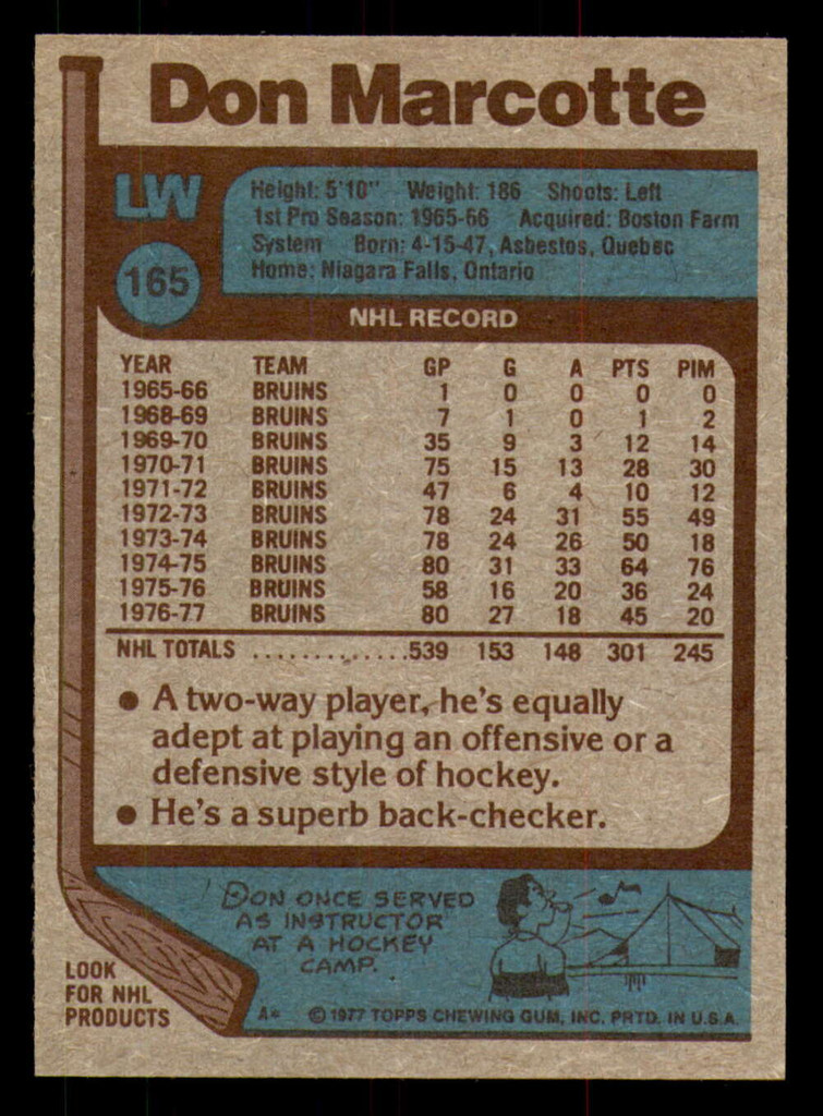 1977-78 Topps #165 Don Marcotte Near Mint 