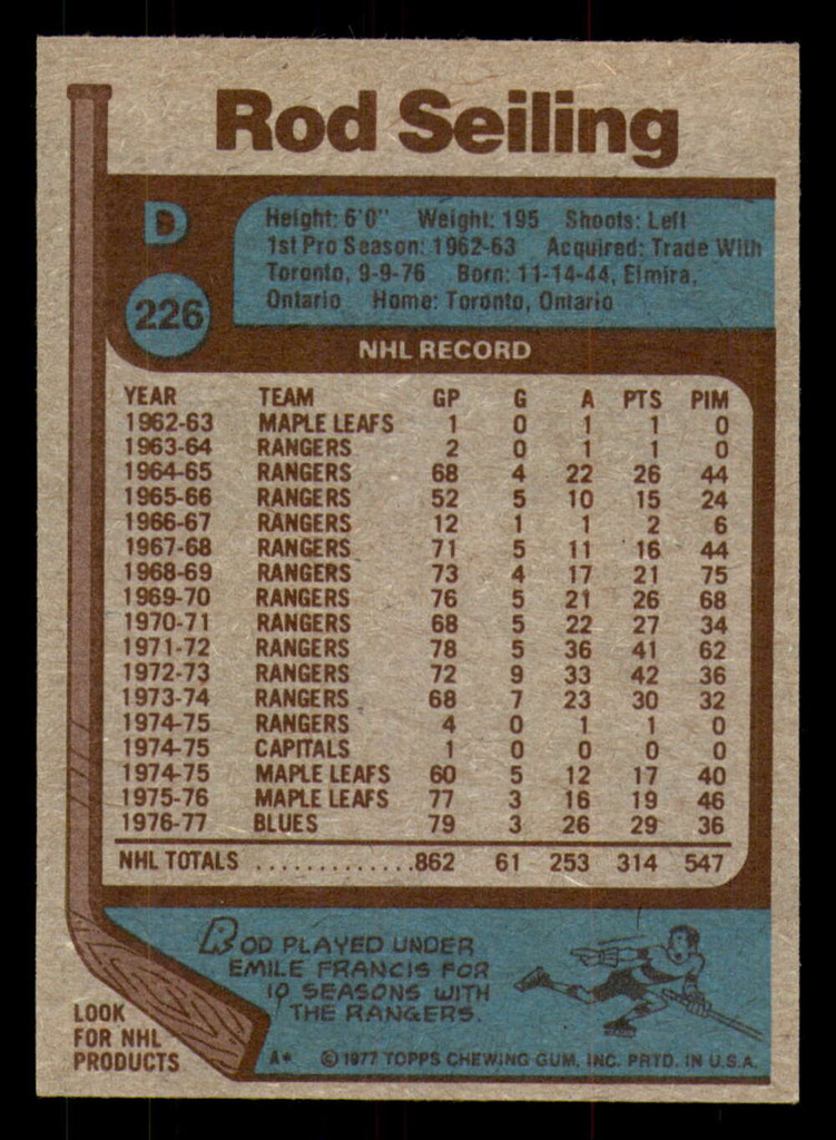 1977-78 Topps #226 Rod Seiling Ex-Mint 