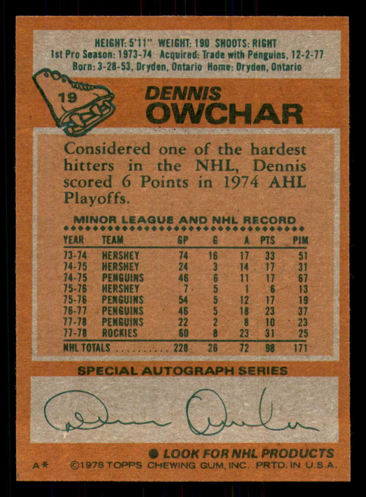 1978-79 Topps #19 Dennis Owchar Near Mint+ 