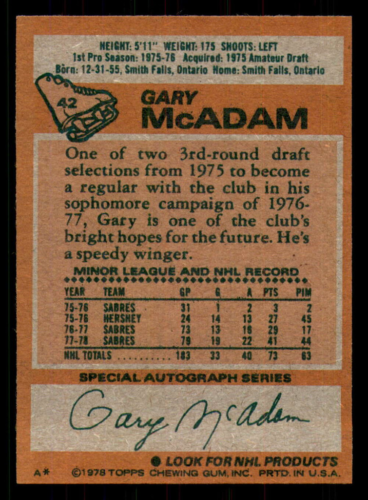 1978-79 Topps #42 Gary McAdam Ex-Mint 