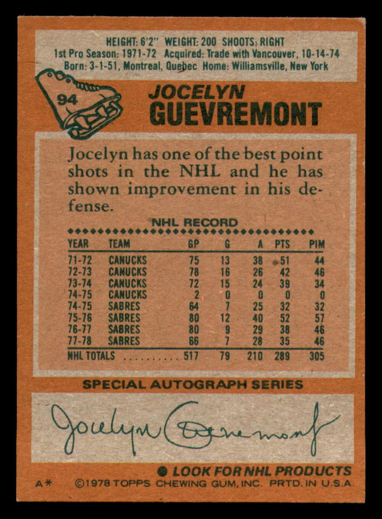 1978-79 Topps #94 Jocelyn Guevremont Ex-Mint 