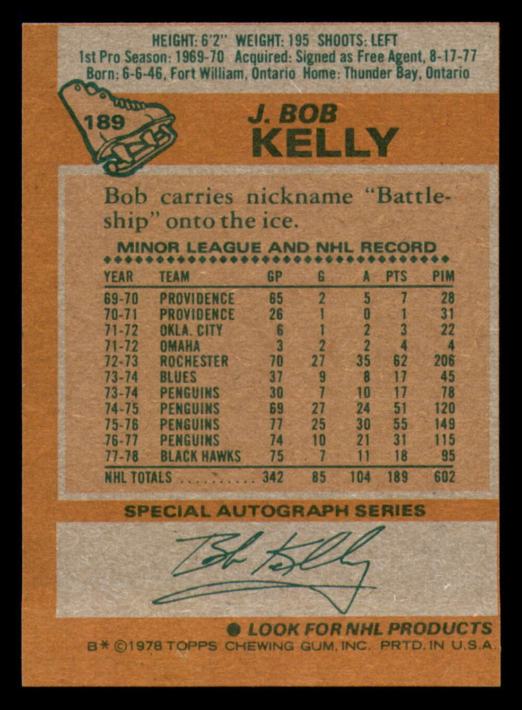 1978-79 Topps #189 J. Bob Kelly Near Mint 