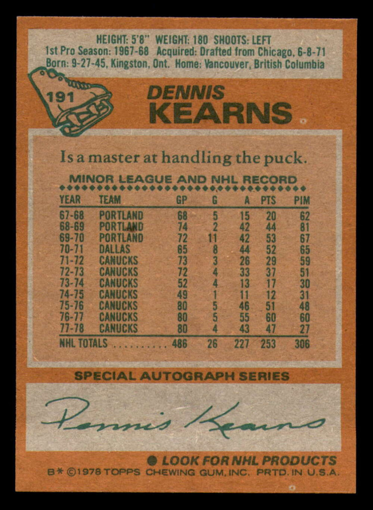1978-79 Topps #191 Dennis Kearns Near Mint  ID: 366692