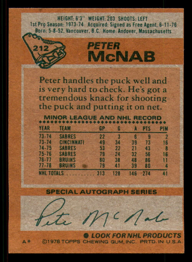 1978-79 Topps #212 Peter McNab Near Mint+  ID: 366732